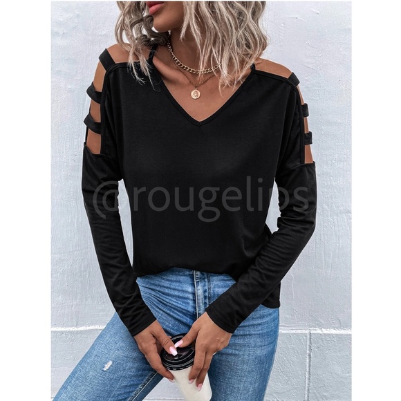 Strappy Cold Shoulder Black Long Sleeve Tee Shirt V-Neck - Picture 6 of 8